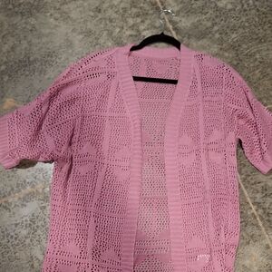 Pink Openwork Knit Cardigan Sweater